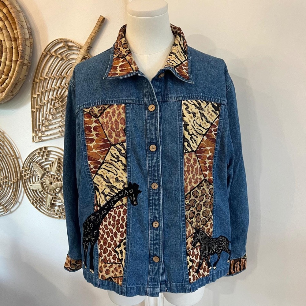 Vintage TanTantrums Denim Jacket Animal Print Patchwork Safari Artwear Boho M